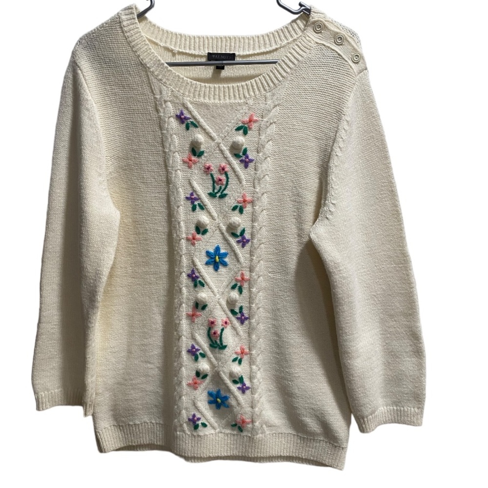 Talbots Embroidered Flowers, Puff balls, Off White Sweater sz. Medium